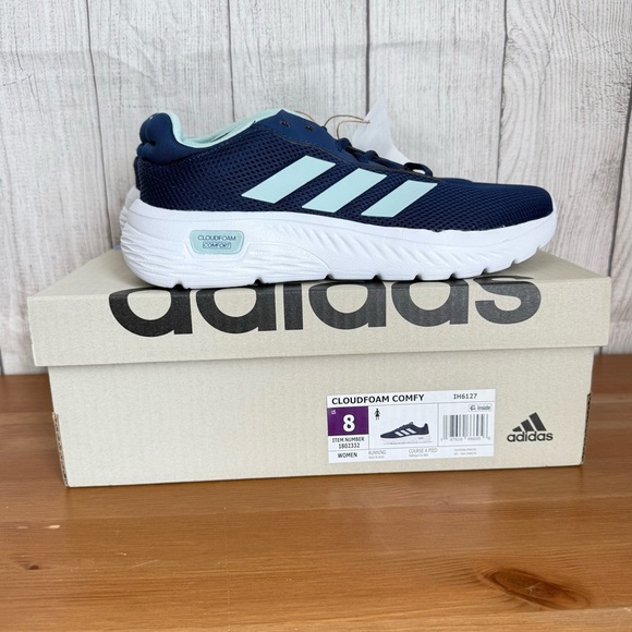 NEW ADIDAS Cloudform Comfort Sneakers Dark Blue/Halo Mint/Cloud White Women’s 8 - Picture 1 of 5